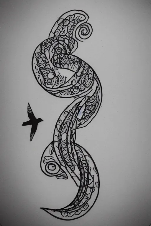 Prompt: a simple tattoo design of birds flying in a 8 spiral, ink, line art