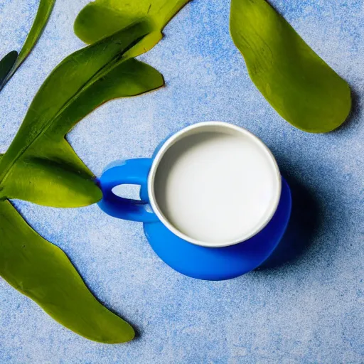 Image similar to clay mug on a white table surrounded by elegant blue and white flowers and green leaves, bright white realistic, up close shot, white background, zen, light, modern minimalist, clean f 2 0