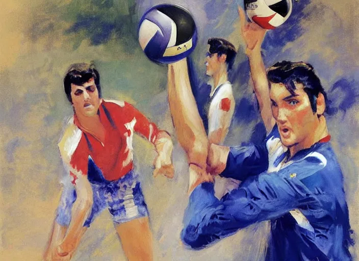 Image similar to a highly detailed beautiful portrait of elvis presley playing voleyball, by gregory manchess, james gurney, james jean