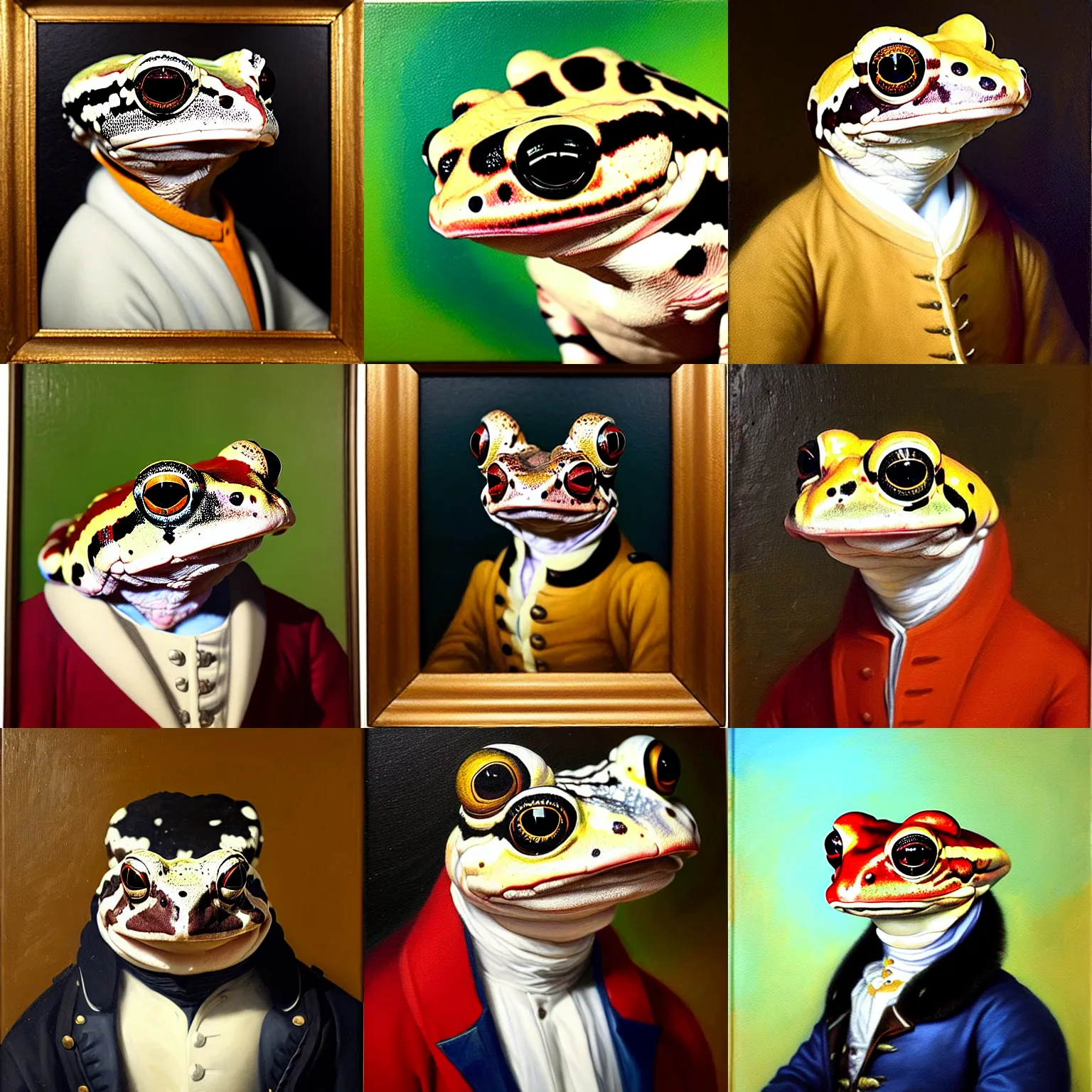 Prompt: a head and shoulders portrait painting of an anthropomorphic!!!!!!!!!! amazon milk frog!!!!!!!!!! wearing a colonial outfit without a hat looking off camera, a character portrait, romanticism, oil on canvas, visible brushstrokes, intense color