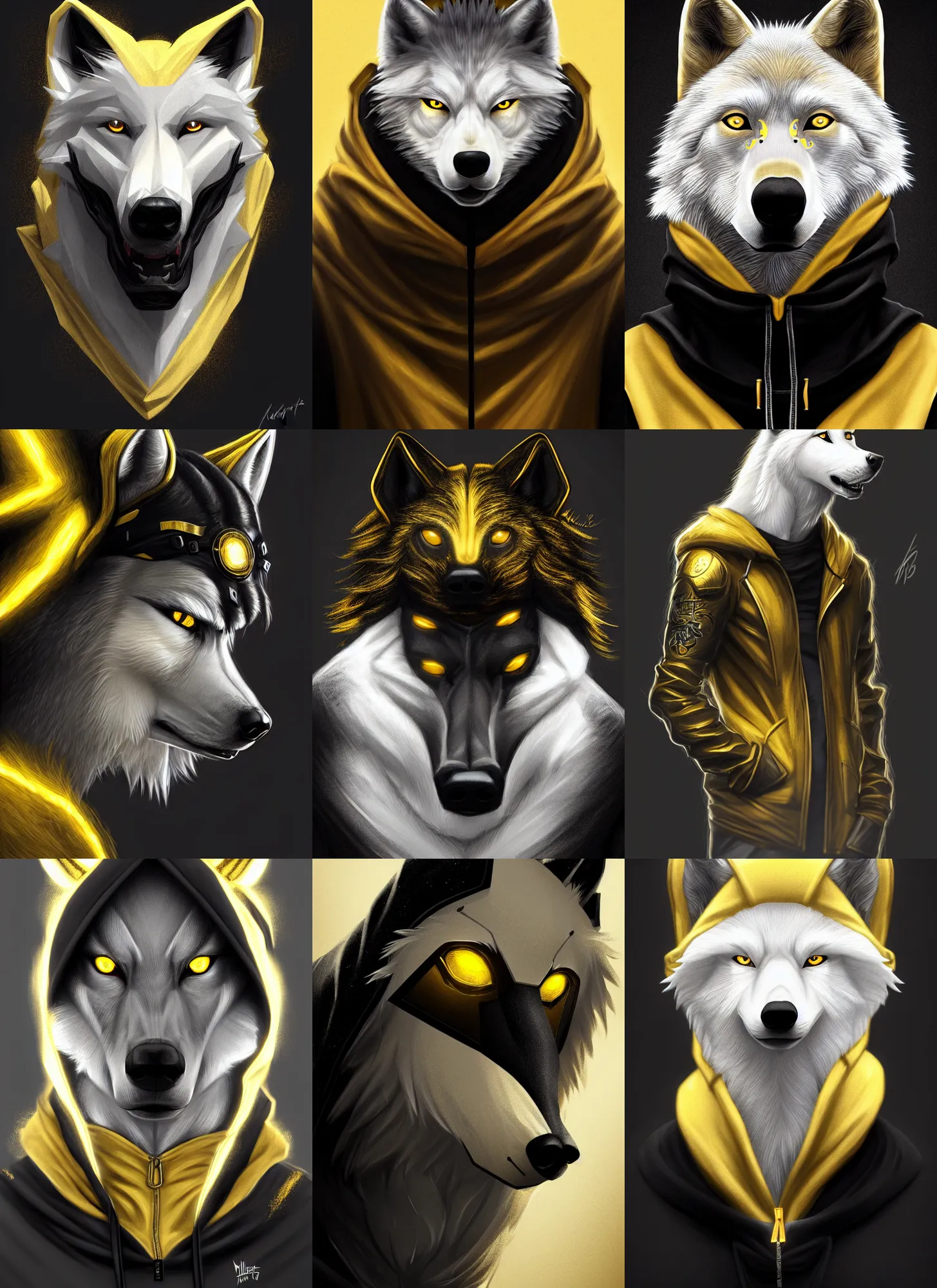 Prompt: anthropomorphic albino wolf wearing a black and gold hoodie, highly detailed, artgerm style, artstation, soft light, sharp focus, illustration, character design, concept art