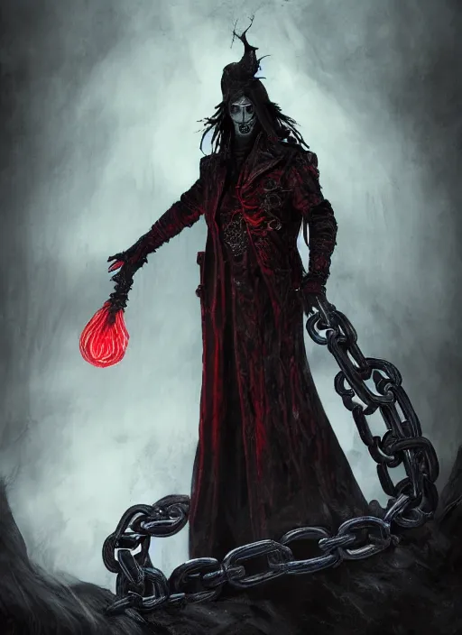 Prompt: a medium shot of a male necromancer with long black hair wearing a red victorian era coat, dramatic eerie backlighting, blue hour, ominous, dark, threatening, unnerving, chains, green fire, lit from below with red lighting, high contrast, highly detailed, sharp focus, digital painting, concept art, illustration, trending on artstation, Bloodborne art, art by greg rutkowski + greg hildebrandt + alphonse mucha