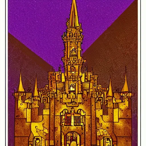Image similar to amazing architecture comic - book art, epic castle, amazing purple and amber gold lighting, with half - tone - print features that blend into the art style and print