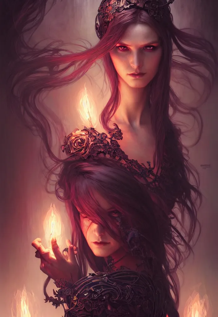 Image similar to Necromancer Sorceress, fantasy magic, undercut hairstyle, dark light night, intricate, elegant, sharp focus, illustration, highly detailed, digital painting, concept art, matte, art by WLOP and Artgerm and Greg Rutkowski and Alphonse Mucha, masterpiece