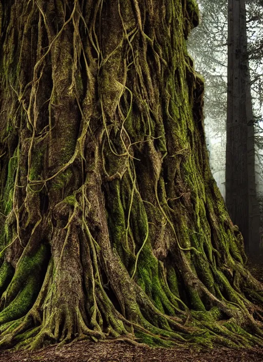 Prompt: photograph of hyperrealistic hyperdetailed ancient tree containing an ancient kind woman face covered with bark and moss, in a dark mysterious dark forest, dramatic mysterious lighting,