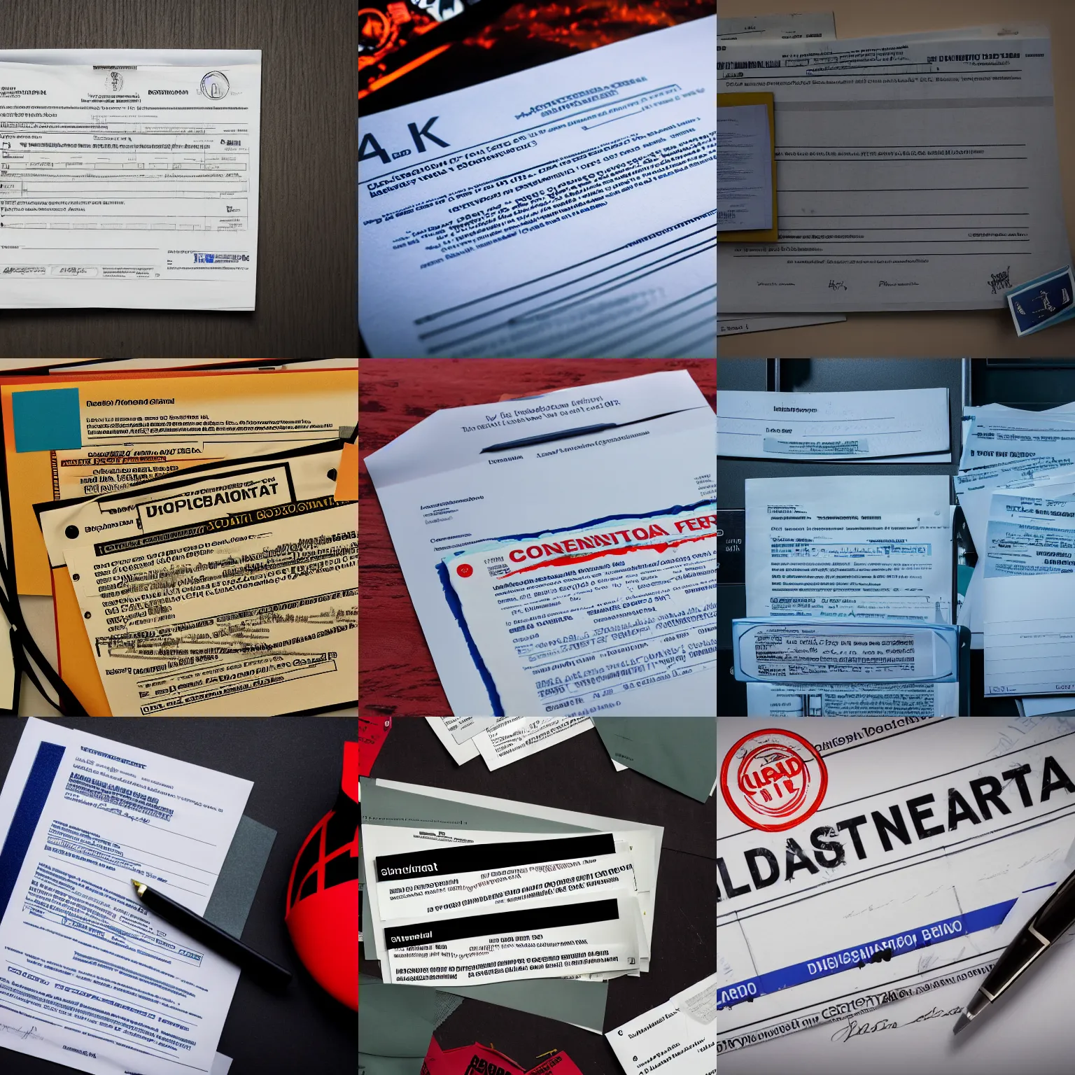 Prompt: photograph of confidential documents with some terrifying information, bio hazard, 4k, HDR