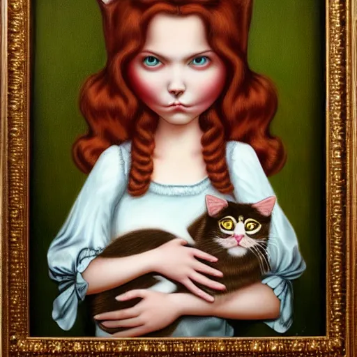 Image similar to Girl holding an annoyed cat, lowbrow painting by Mark Ryden