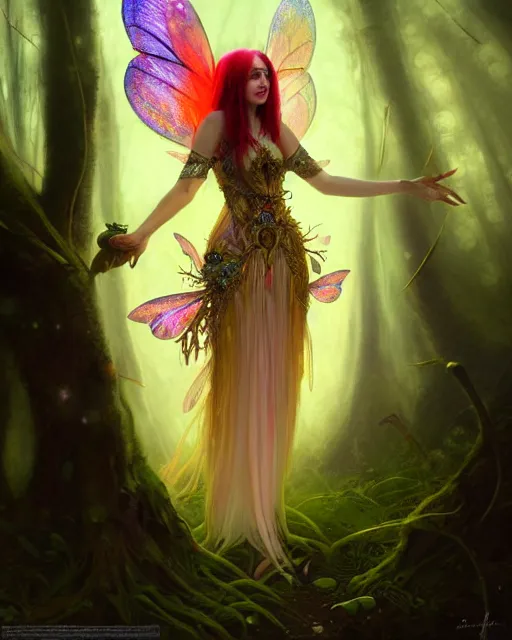 Image similar to stunningly beautiful female faerie priestess in amanita muscaria forest landscape, symmetrical wings on back, neon hair, fantasy art, wearing a dress of gossamer gold, dark light night, sharp focus, digital painting, 4 k, concept art, art by wlop, greg rutkowski and alphonse mucha, brom, face by otto schmidt