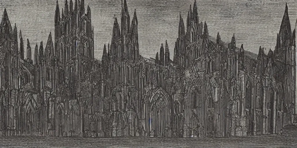 Prompt: scan of book with wood engravings of a large cathedral in the night, scary dark, dark ink, old paper