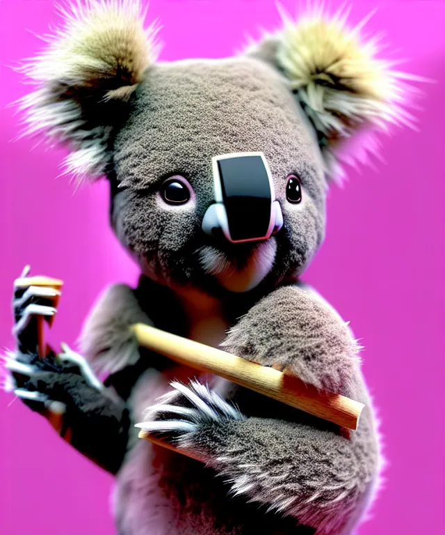 Prompt: high quality 3 d render hyperrealistic very cute small koala smoking weed, plush mascot, short spiky dense fluffy smooth hair, photo from the side, pink fluffy fur, 1 5 0 mm, beautiful natural soft light, rim light, vray, smooth background, artstation, ultra detailed