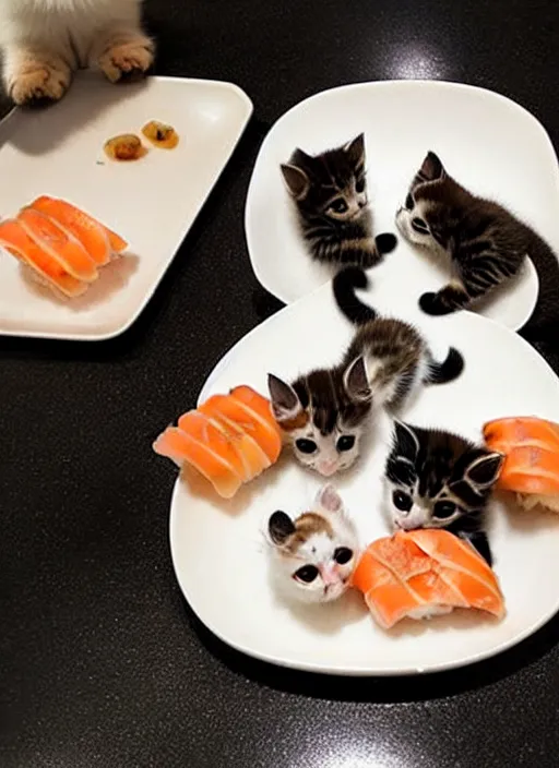 Image similar to clear photorealistic picture of adorable kittens made out of sushi