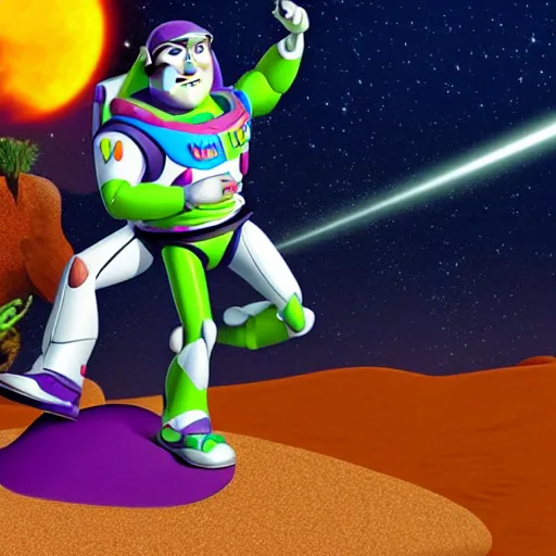 Prompt: buzz lightyear, riding a velociraptor who is shooting a laser of rabbits out of its mouth