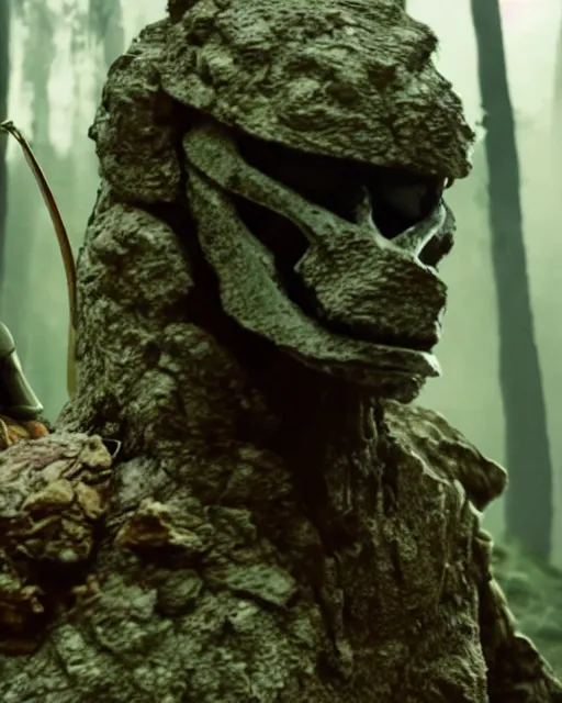 Prompt: cinematic, 4 k, full body portrait, rock golem as a soldier, on break smoking a cigarette, still from the movie predator