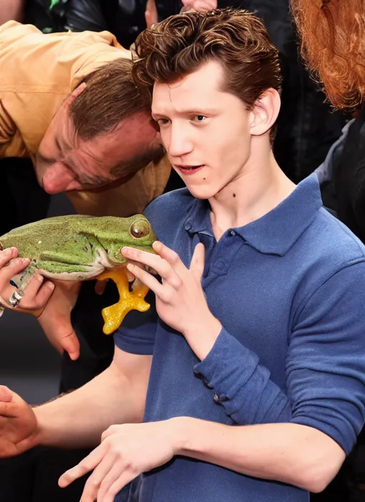 Image similar to a photograph of Tom Holland swallowing a live frog