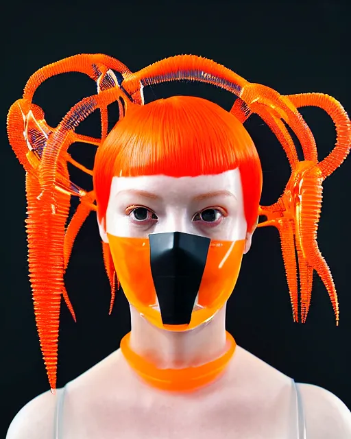 Image similar to symmetrical close - up portrait of a woman wearing a translucent silicone beauty mask and orange hair, wearing a black bodysuit by alexander mcqueen, standing in a garden full of plastic translucent flowers, black background, soft diffused light, biotechnology, humanoide robot, bjork aesthetic, translucent, by rineke dijkstra, intricate details, highly detailed, masterpiece,