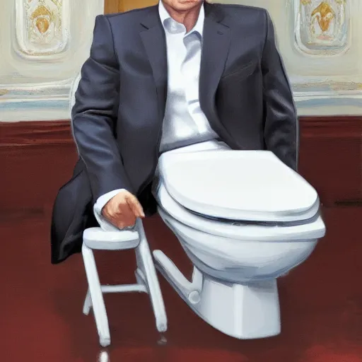 Image similar to vladimir putin portrait sitting on a toilet, realistic face, 8 k resolution, highly detailed