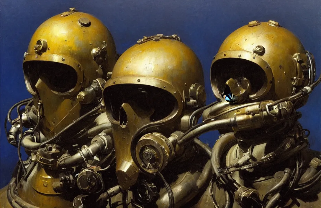 Image similar to portrait of deep sea diver helmet!!!!!!!!!!!!!!!!!!!!!!!!!!!, detailed skull face, detailed painting, epic lighting, by ilya repin, phil hale and kent williams