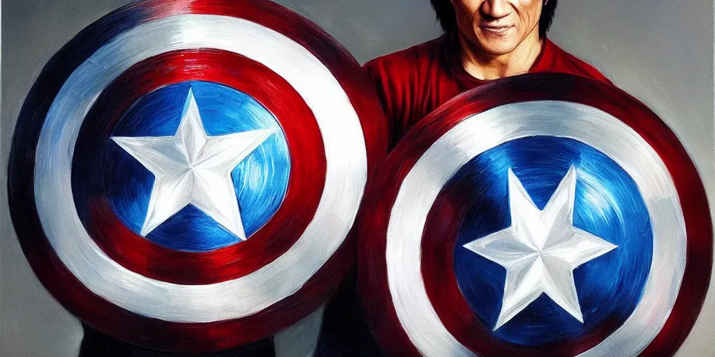 Prompt: jackie chan holds captain america's shield ， oil painting