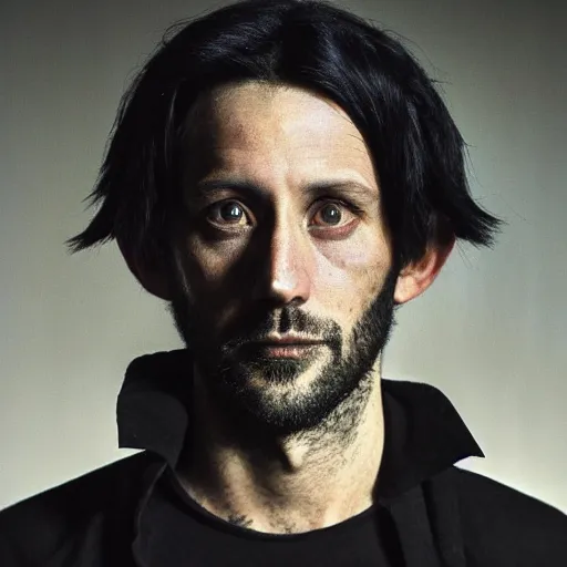 Prompt: hd portrait of a 3 5 - year old man with a disorienting, clinical aesthetic. black hair. black clothes. a modern - day warlock and psychonaut of the mastigos path. portrait photography by annie leibovitz.