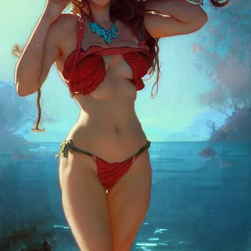 Prompt: female anthropomorphic bunny rabbit character in a bikini. Renowned character illustration by greg rutkowski, thomas kindkade, alphonse mucha, loish, norman rockwell. Trending on artstation.