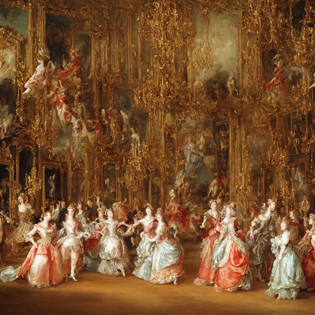 Prompt: the nobles danced in the splendid palace, palace dance, dress in the style of rococo, dreamy, romantic, night lighting, highly detailed, expressive impressionist style, 8 k