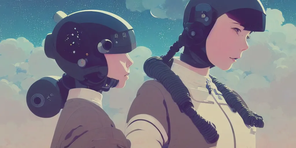 Image similar to portrait of a girl with astronaut helmets by ilya kuvshinov, a big medieval mech, cloudy sky background lush landscape ln illustration concept art anime key visual trending pixiv by victo ngai fanbox by greg rutkowski makoto shinkai takashi takeuchi studio ghibli