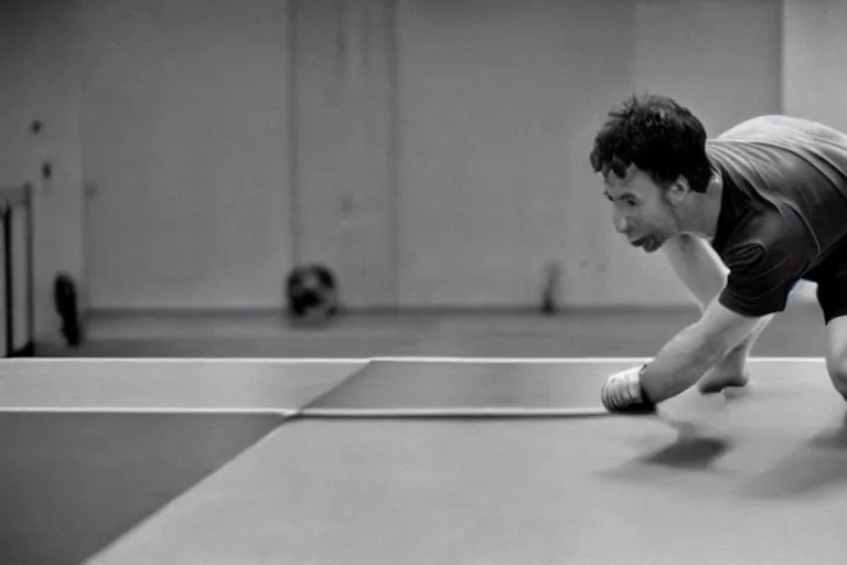 Image similar to very sweaty man playing ping pong, cookbook photo, in 1 9 9 5, y 2 k cybercore, industrial low - light photography, still from a ridley scott movie