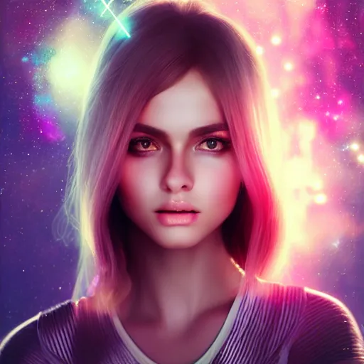 Image similar to beautiful girl galaxy background, portrait character concept style trending on artstation concept art detailed octane render cinematic photo - realistic 8 k high detailed