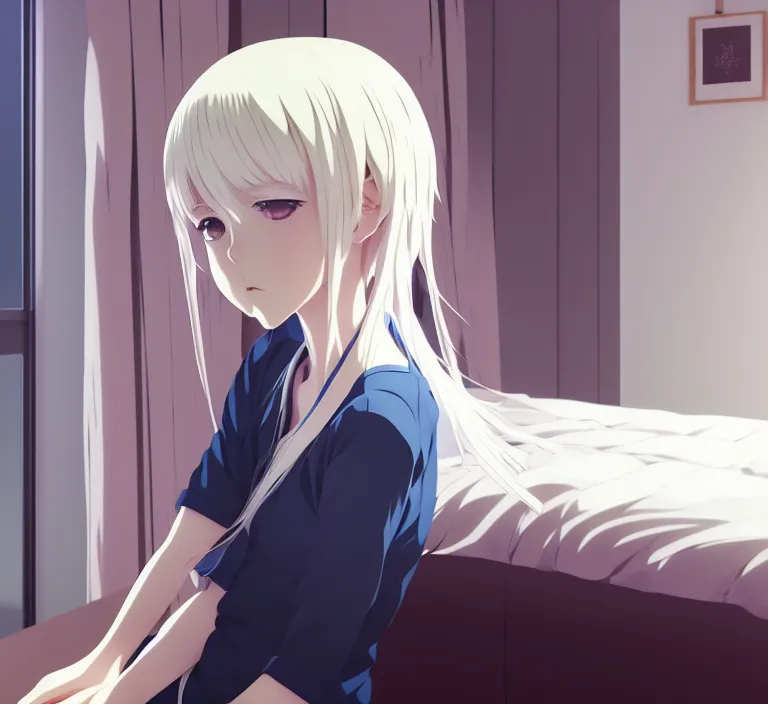 Prompt: anime visual, a young woman with white hair in her room interior, cute face by ilya kuvshinov, yoshinari yoh, makoto shinkai, katsura masakazu, dynamic perspective pose, detailed facial features, kyoani, rounded eyes, crisp and sharp, cel shade, anime poster, ambient light