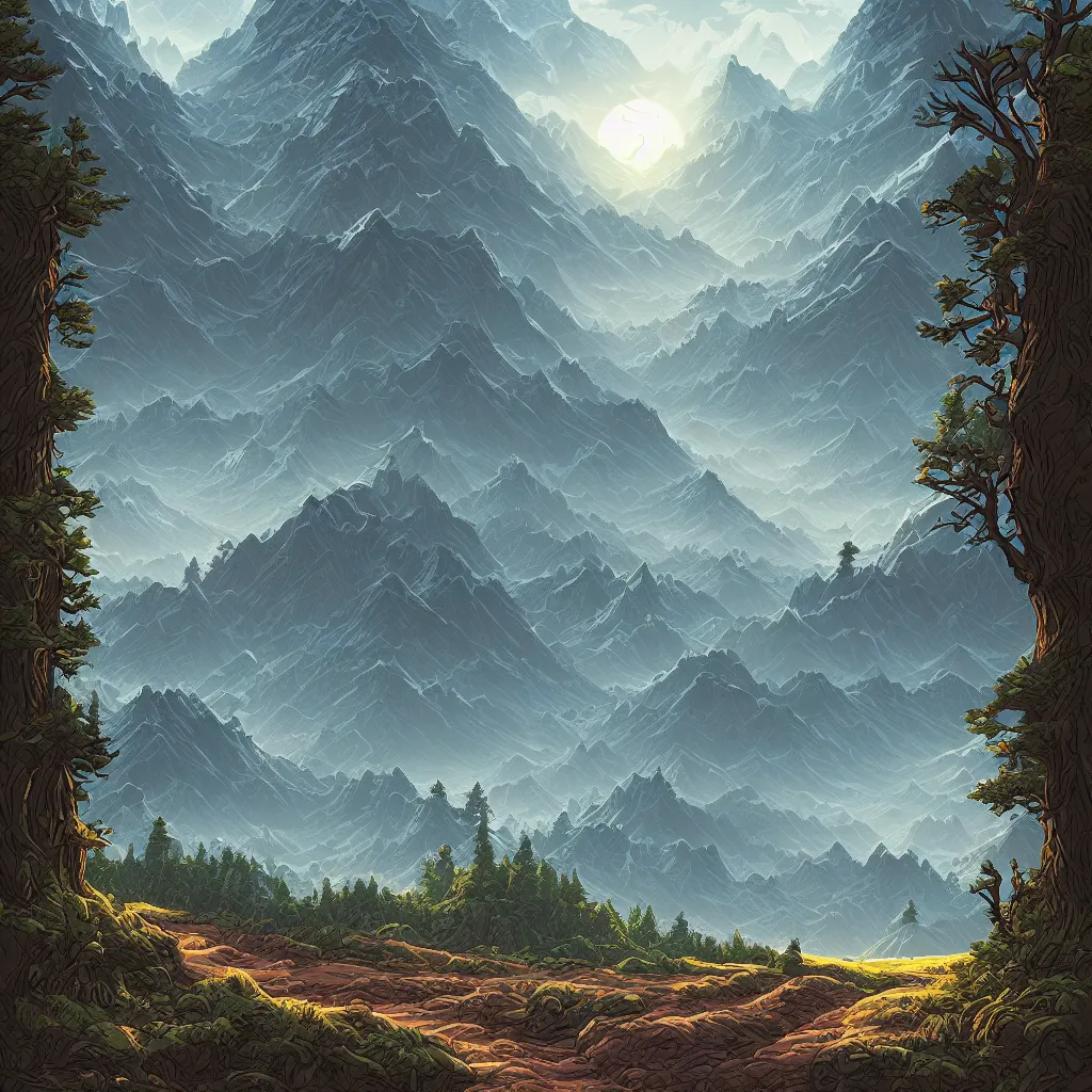 Prompt: a beautiful landscape with trees and mountains, by dan mumford, artstation, behance, highly detailed, concept art, dramatic lighting