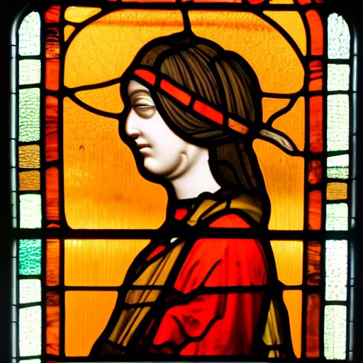 Prompt: side - view portrait of a woman, brown loose pigtails, red and orange blindfold, 1 0 th century stained glass window, masterful