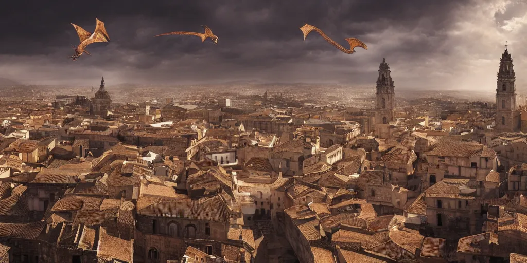 Prompt: the monumental city of caceres with a dragon flying over it, dramatic lighting, cinematic, extremly high detail, photorealistic, cinematic lighting, post processed, concept art, artstation, matte painting, style by greg rutkowsky