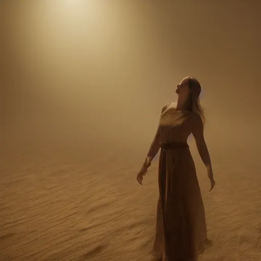 Image similar to woman in sandstorm, photorealistic, epic light, insanely detailed, cinematic lighting