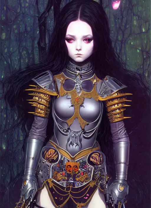Image similar to portrait of beautiful cute goth girl in warhammer armor, art by kuvshinov ilya and wayne barlowe and gustav klimt