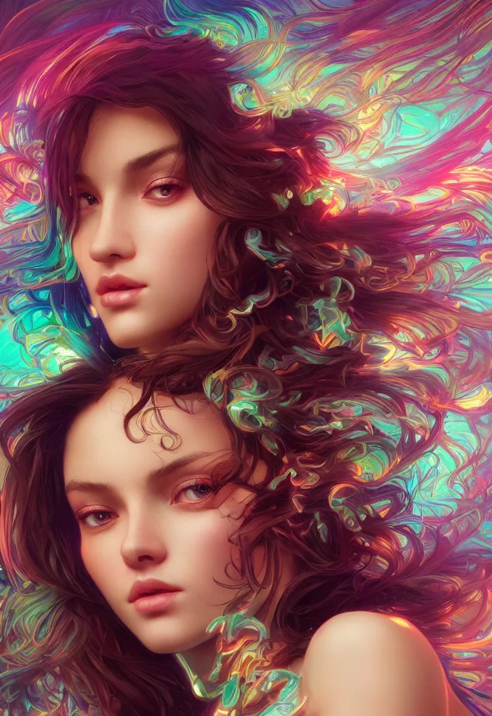 Image similar to beautiful, young woman, detailed gorgeous face, vaporwave aesthetic, synthwave, colorful, psychedelic, artstation, concept art, smooth, extremely sharp detail, finely tuned detail, ultra high definition, 8 k, unreal engine 5, ultra sharp focus, illustration, art by artgerm and greg rutkowski and alphonse mucha