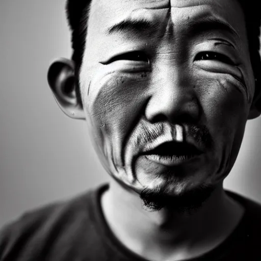 Image similar to grizzled young chinese man with tribal face tattoos and facial hair, black & white, richard avedon, 5 0 mm, grainy, low light