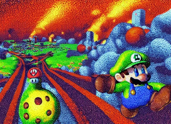 Prompt: pointillism painting of bomb - omb battlefield ( super mario 6 4 ), highly detailed