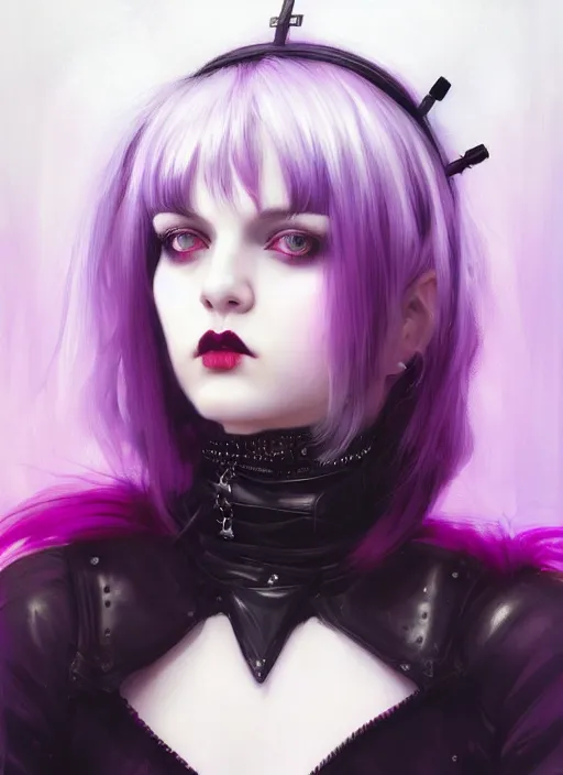 Image similar to portrait of white teenage girl, normal face, black bangs, mall goth, cyberlox, black and white hair, bangs, fluffy bangs, red contact lenses, purple lipstick, intricate, elegant, highly detailed, digital painting, artstation, concept art, sharp focus, smooth, illustration, art by wlop, mars ravelo and greg rutkowski