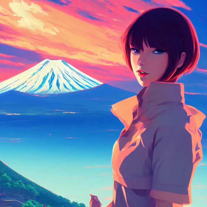 Image similar to portrait of taylor swift, mount fuji background, rich vivid colors, ambient lighting, dynamic lighting, 4 k, hq, official media, anime key visual, makoto shinkai, ilya kuvshinov, lois van baarle, rossdraws, detailed, trending on artstation