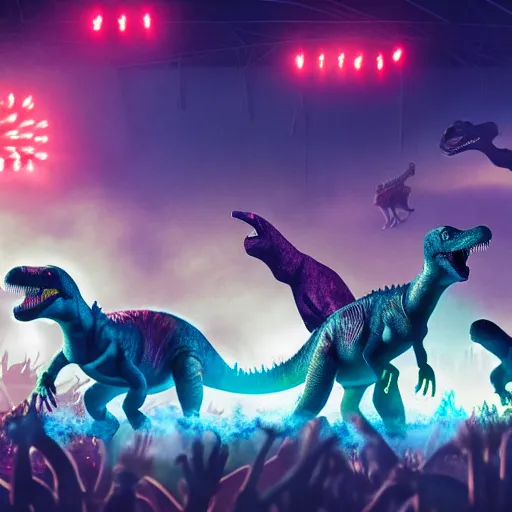 Prompt: a group of dinosaurs having a rave party at boom festival main stage, rendered in octane