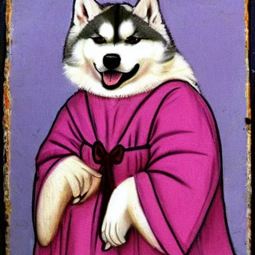 Image similar to fat siberian husky dog princess in pink gown with a goofy expression, medieval painting