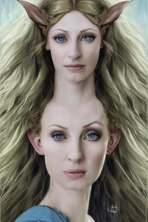 Image similar to portrait, headshot, digital painting, of elven queen Galadriel, beautiful, tall, white dress, fair curly hair, blue eyes, realistic, hyperdetailed, chiaroscuro, concept art, art by allan Ramsay