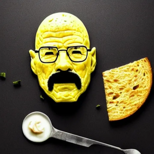 Prompt: Photo of scrambled eggs in the shape of Walter White's face