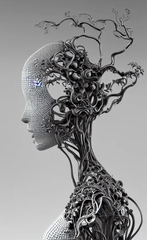 Image similar to black and white complex 3d render of 1 beautiful profile woman porcelain face, vegetal dragon cyborg, 150 mm, sinuous silver metallic ghost orchid flower stems, roots, leaves, fine lace, maze-like, mandelbot fractal, anatomical, facial muscles, cable wires, microchip, elegant, highly detailed, black metalic armour with silver details, rim light, octane render, H.R. Giger style, David Uzochukwu