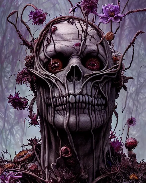 Image similar to the platonic ideal of flowers, rotting, moss, insects and praying of cletus kasady ultimate carnage thanos dementor chtulu nazgul davinci, detailed, intricate, hyperrealism, intense, scary, decay, dmt, art by brock hofer and artgerm and greg rutkowski and alphonse mucha