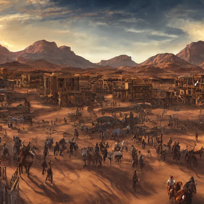 Image similar to old western style city bustling with people in the middle of a sandy flat desert with a single mountain on the very distant horizon. magic the gathering art, digital media