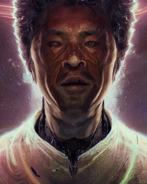 Prompt: portrait of a jupiter man. intricate abstract. intricate artwork. by tooth wu, wlop, beeple, dan mumford. trending on artstation, greg rutkowski very coherent symmetrical artwork. cinematic, hyper realism, high detail, octane render, 8 k, iridescent accents