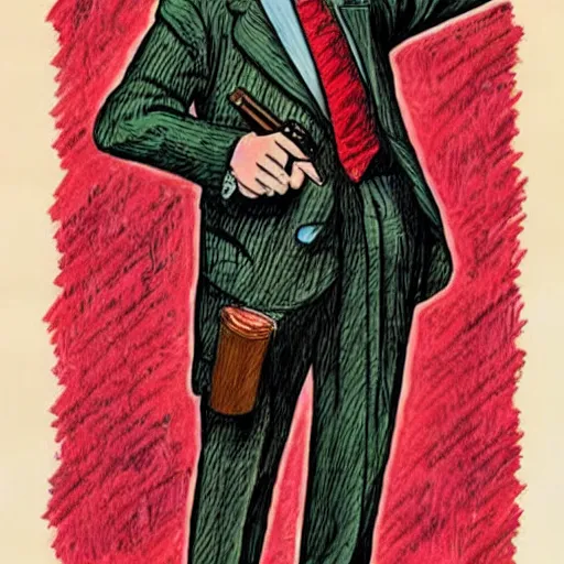 Prompt: The Artwork of R. Crumb and his Cheap Suit The-Godfather-with-a-gun, pencil and colored marker artwork, trailer-trash lifestyle