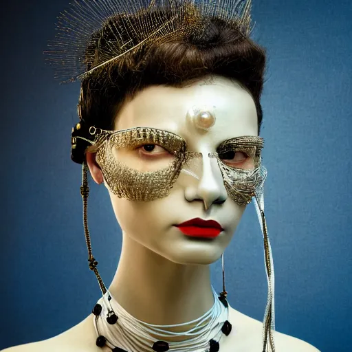 Prompt: a beautiful futuristic portrait covered by mask made of wires and pearl, necklace made by silk and wires twisted around neck, design by leonardo davinci, inspired by egon schiele, modern art, baroque art jewelry, new classic, fashion design, photorealistic, hyper realistic, cinematic composition, cinematic lighting, fashion design, concept art, hdri, 4 k