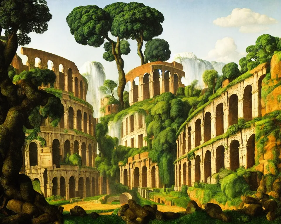 Prompt: an achingly beautiful print of the Colosseum in a jungle clearing with a cascading waterfall in the distance by Raphael, Hopper, and Rene Magritte. detailed, romantic, enchanting, trending on artstation.